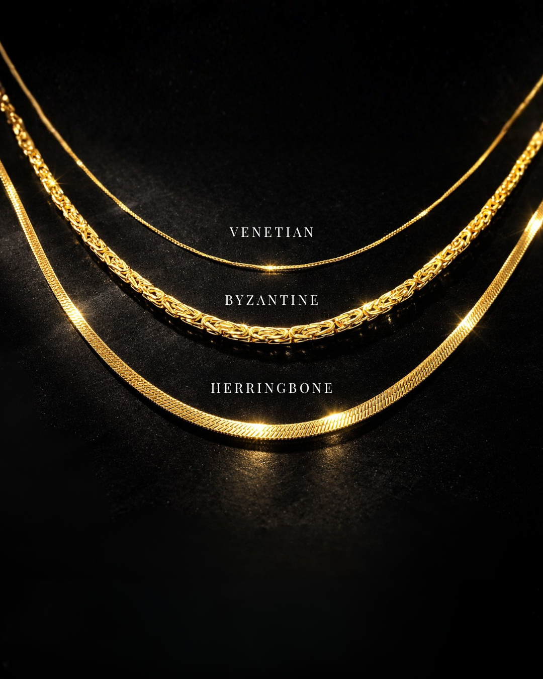 A selection of 18K gold chains in different link styles arranged on a neutral background