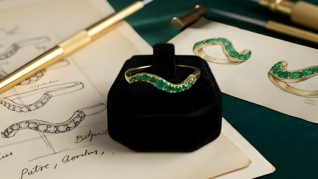 Gold jewelry with emeralds on a black velvet stand, surrounded by jewelry sketches and tools on a dark green background.