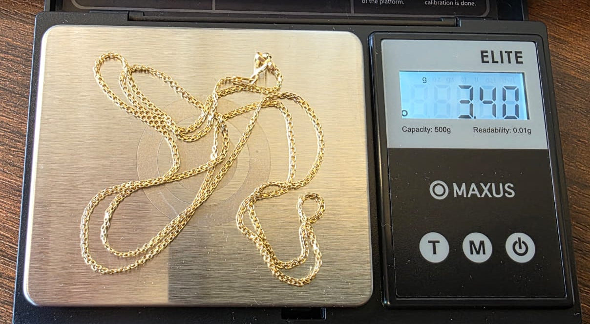 chino link chain in 18K solid gold, chain shown on a jewelry scale showing total gold weight 3.40g | Gado Jewellers, Mississauga Ontario Fine Jewelry