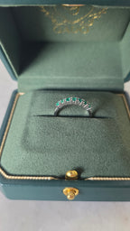 Colombian emerald band ring in Gado green jewelry box, 18K white gold"