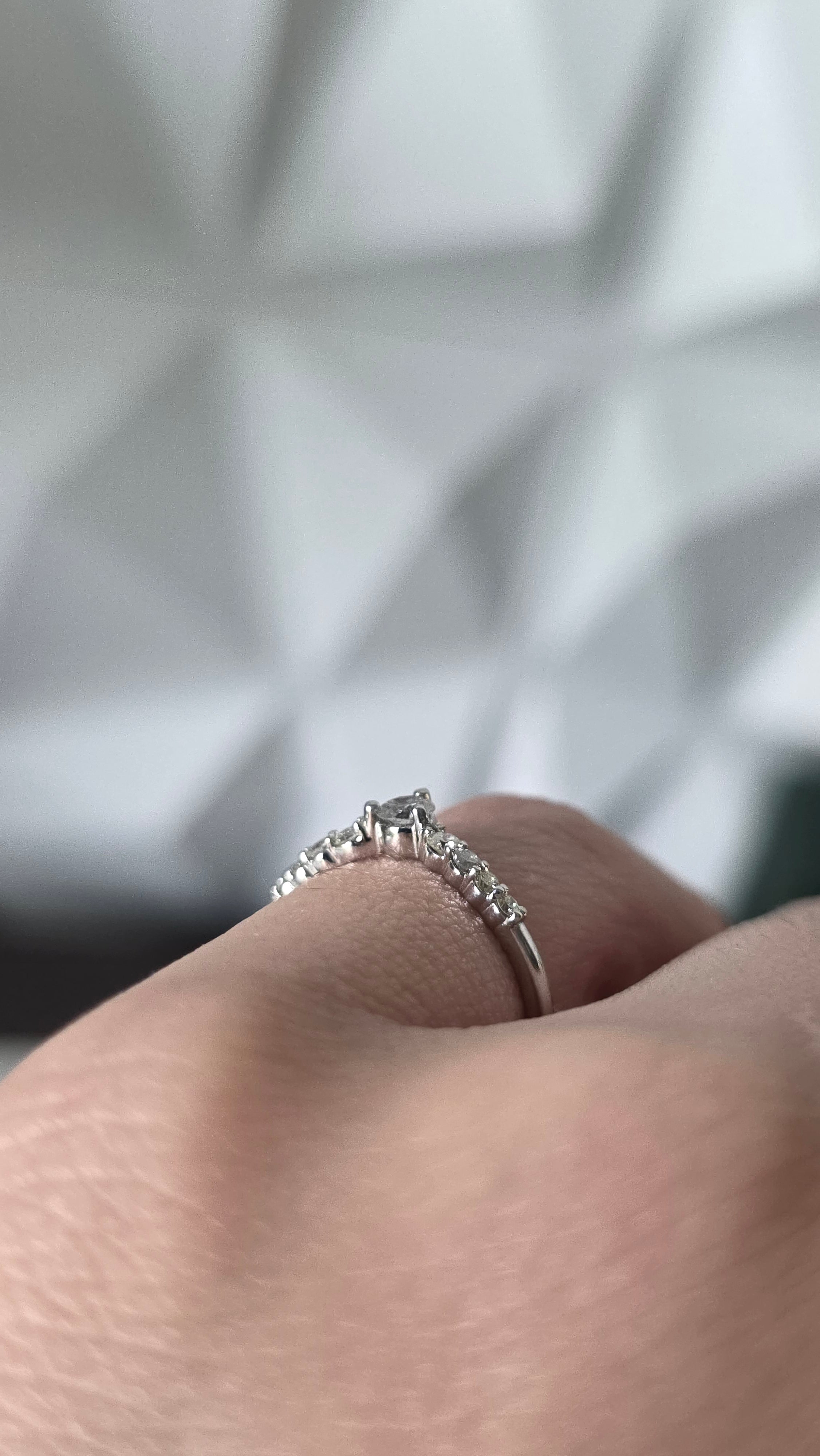 Natural diamond chevron ring worn on hand, 18K Italian white gold, Gado Jewellers